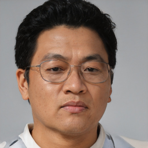 Neutral asian adult male with short  black hair and brown eyes