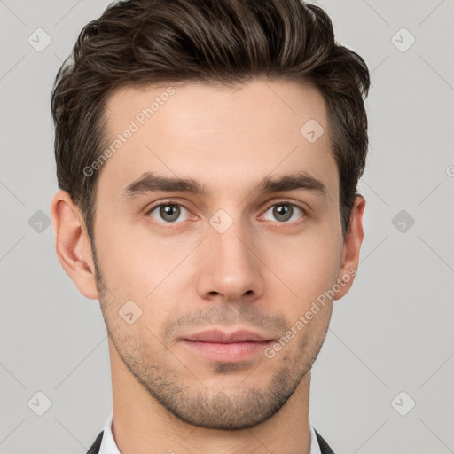 Neutral white young-adult male with short  brown hair and brown eyes