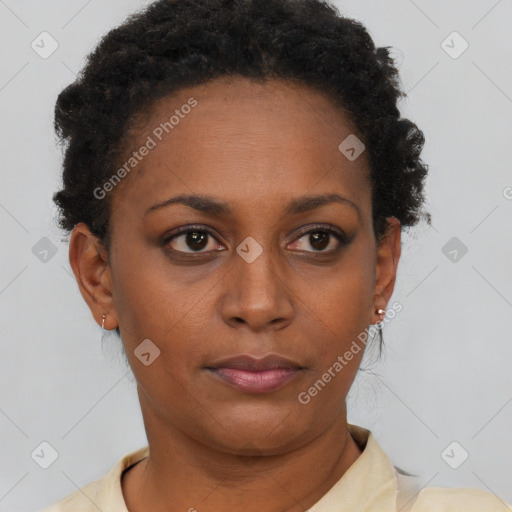 Neutral black young-adult female with short  brown hair and brown eyes