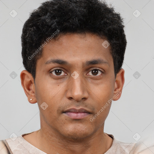 Neutral latino young-adult male with short  brown hair and brown eyes