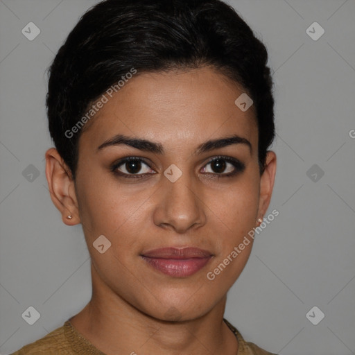 Joyful latino young-adult female with short  brown hair and brown eyes