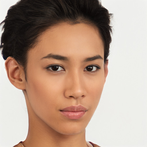 Neutral asian young-adult female with short  brown hair and brown eyes