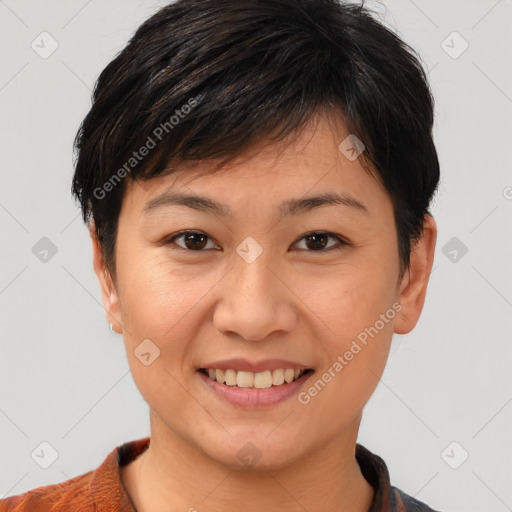 Joyful white young-adult female with short  brown hair and brown eyes