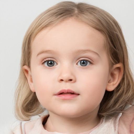 Neutral white child female with medium  brown hair and blue eyes