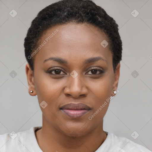 Joyful black young-adult female with short  brown hair and brown eyes