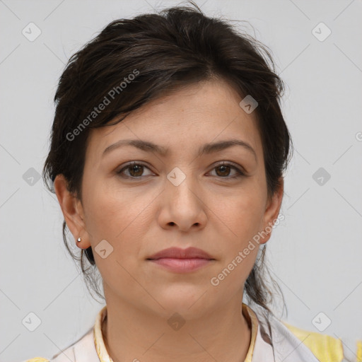 Neutral white young-adult female with medium  brown hair and brown eyes