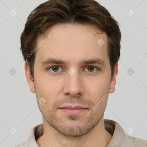 Neutral white young-adult male with short  brown hair and grey eyes