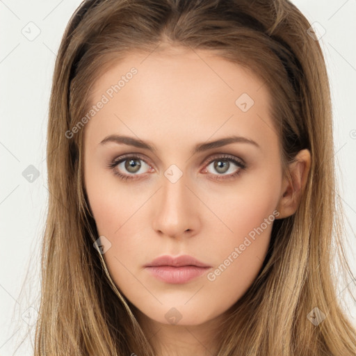 Neutral white young-adult female with long  brown hair and brown eyes