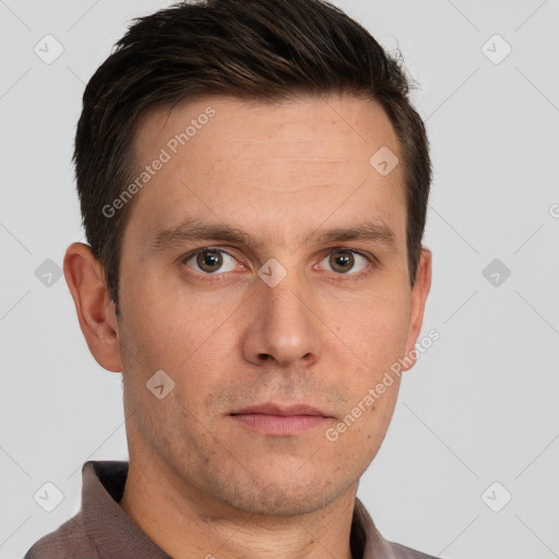 Neutral white adult male with short  brown hair and brown eyes