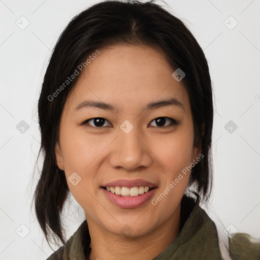 Joyful white young-adult female with medium  brown hair and brown eyes