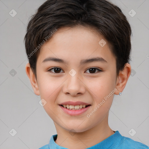 Joyful white child female with short  brown hair and brown eyes