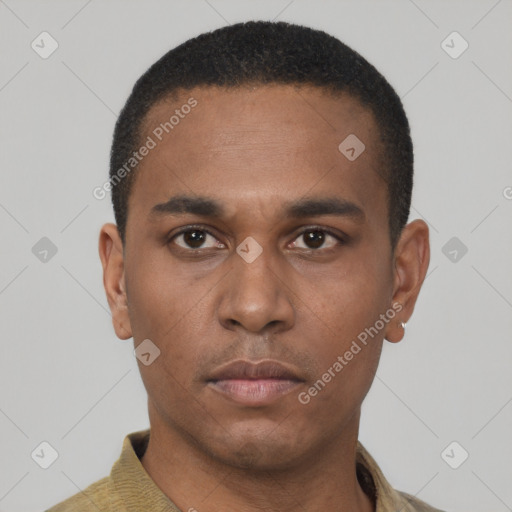 Neutral latino young-adult male with short  black hair and brown eyes