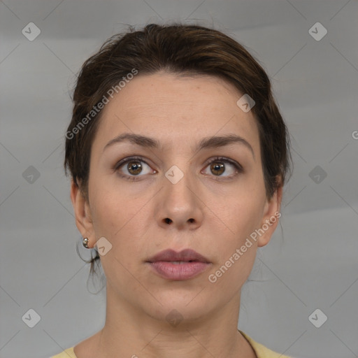 Neutral white young-adult female with medium  brown hair and brown eyes