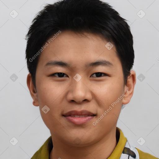 Joyful asian young-adult male with short  brown hair and brown eyes
