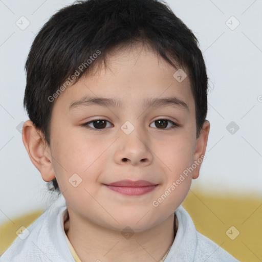 Joyful white child male with short  brown hair and brown eyes