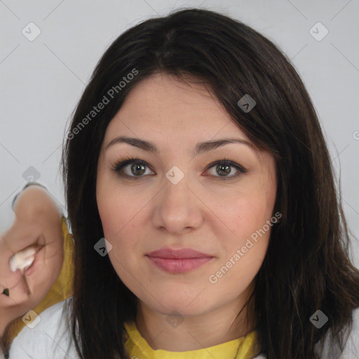 Joyful white young-adult female with medium  brown hair and brown eyes