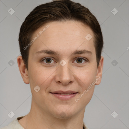 Joyful white young-adult female with short  brown hair and grey eyes