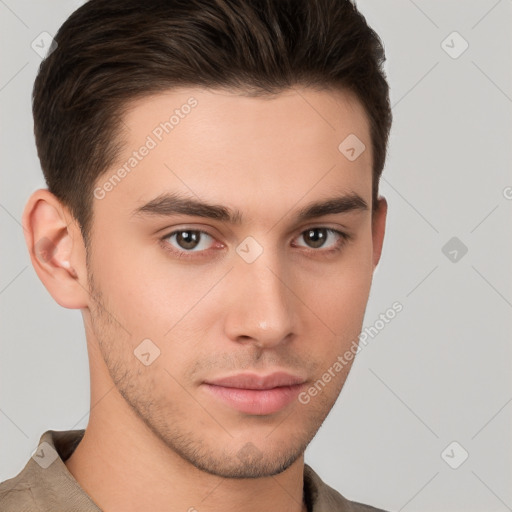 Neutral white young-adult male with short  brown hair and brown eyes