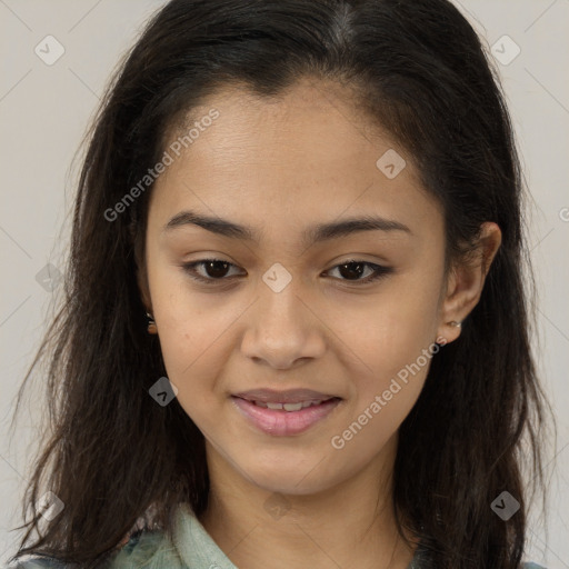 Joyful latino young-adult female with long  brown hair and brown eyes