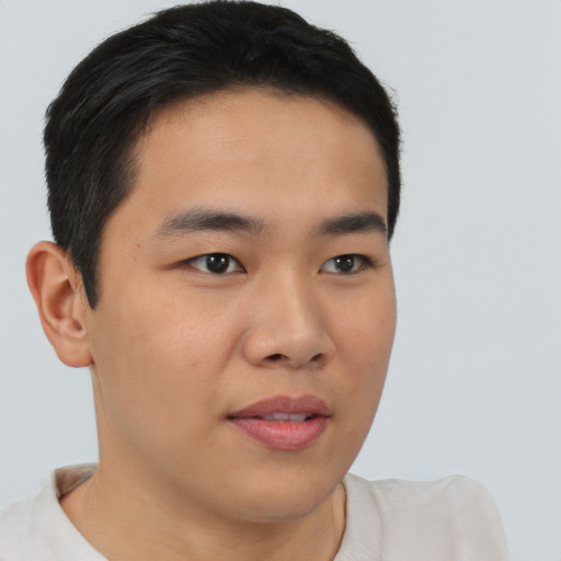 Neutral asian young-adult male with short  brown hair and brown eyes