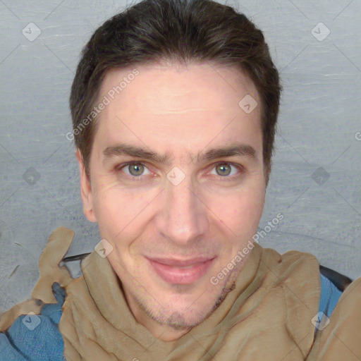 Joyful white adult male with short  brown hair and grey eyes