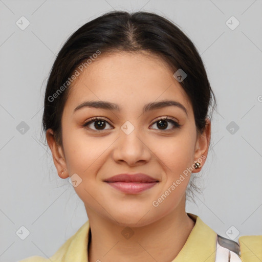 Joyful latino young-adult female with medium  brown hair and brown eyes