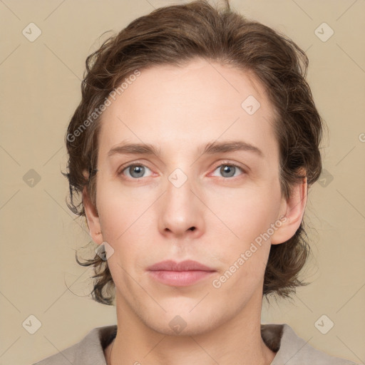 Neutral white young-adult male with medium  brown hair and grey eyes