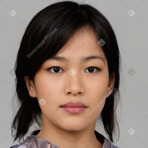 Neutral asian young-adult female with medium  black hair and brown eyes