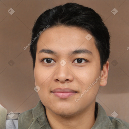 Joyful asian young-adult male with short  black hair and brown eyes