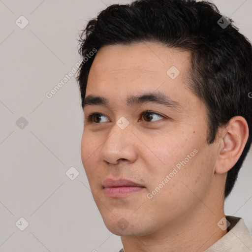 Neutral asian young-adult male with short  black hair and brown eyes