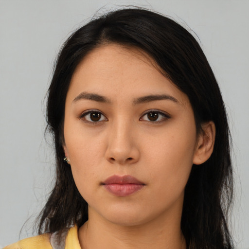 Neutral asian young-adult female with long  black hair and brown eyes