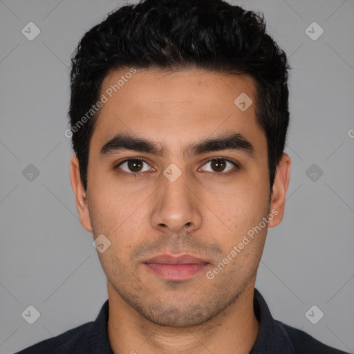 Neutral latino young-adult male with short  black hair and brown eyes