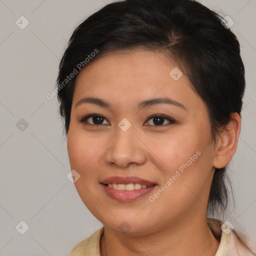 Joyful white young-adult female with medium  brown hair and brown eyes