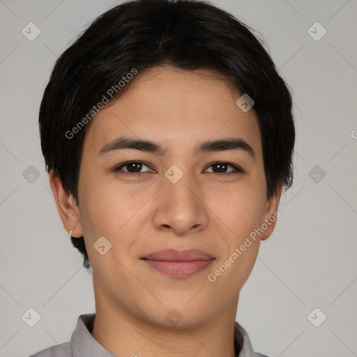 Joyful white young-adult male with short  black hair and brown eyes