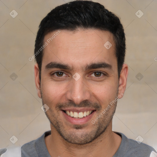 Joyful white young-adult male with short  black hair and brown eyes