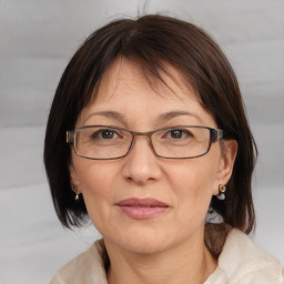 Joyful white adult female with medium  brown hair and blue eyes