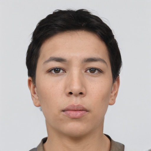 Neutral asian young-adult female with short  brown hair and brown eyes
