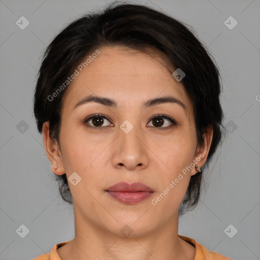 Neutral asian young-adult female with medium  brown hair and brown eyes