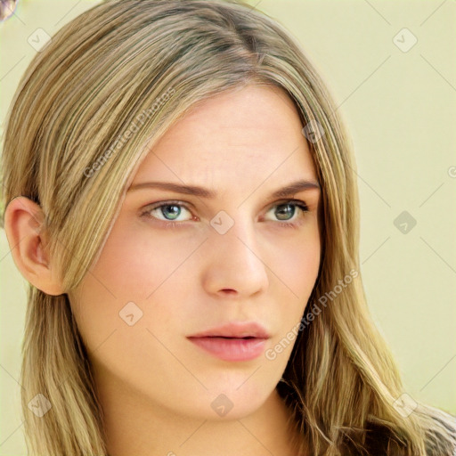 Neutral white young-adult female with long  brown hair and green eyes