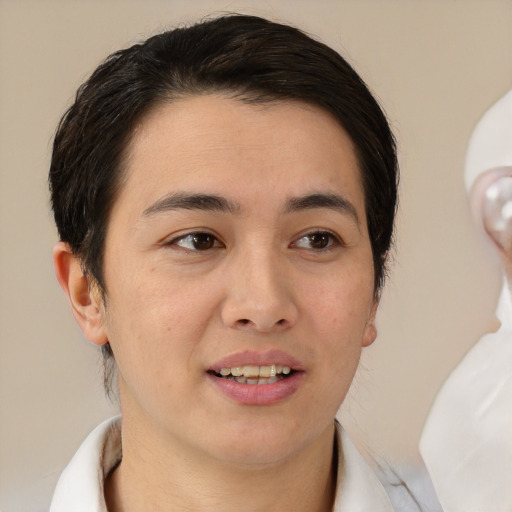 Joyful white young-adult male with medium  brown hair and brown eyes