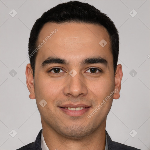 Joyful white young-adult male with short  black hair and brown eyes