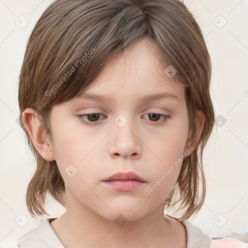 Neutral white child female with medium  brown hair and grey eyes