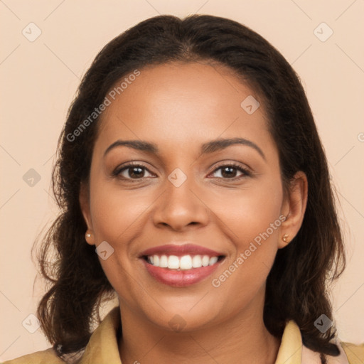 Joyful white young-adult female with long  brown hair and brown eyes