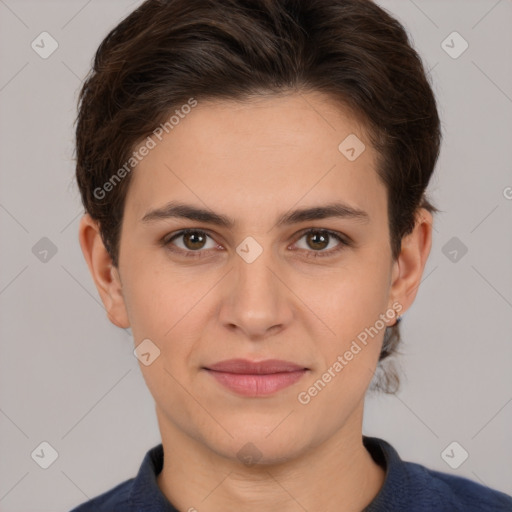 Joyful white young-adult female with short  brown hair and brown eyes