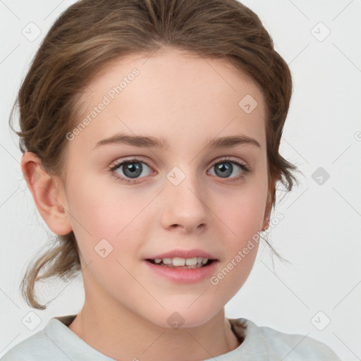 Joyful white child female with medium  brown hair and grey eyes