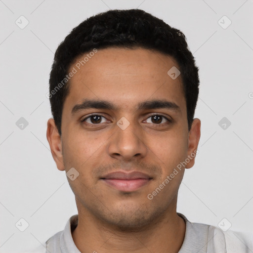 Neutral latino young-adult male with short  black hair and brown eyes