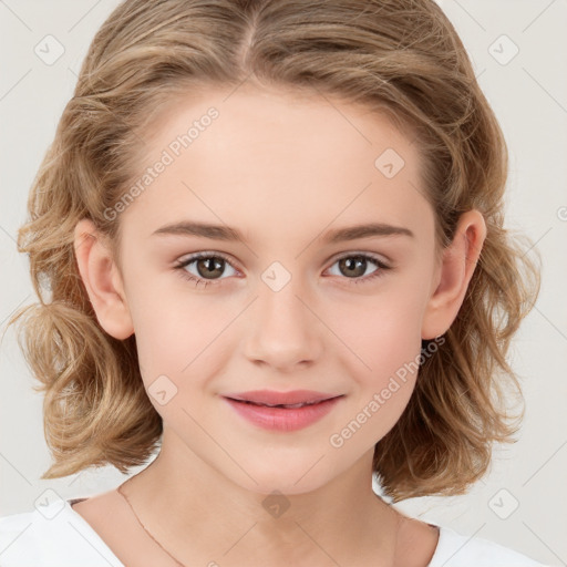 Joyful white child female with medium  brown hair and brown eyes