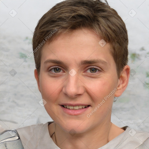 Joyful white young-adult female with short  brown hair and grey eyes