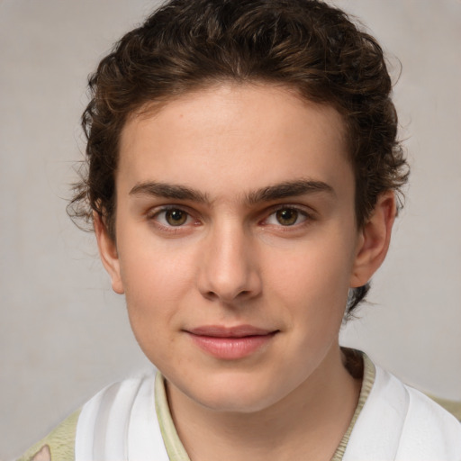 Joyful white young-adult male with medium  brown hair and brown eyes