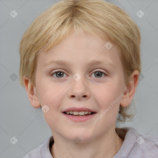 Joyful white child female with medium  brown hair and grey eyes